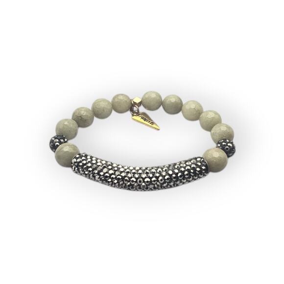 Erimish Earthtone Stone Beaded Stretch Bracelet with Crystal Pave Bar Accent - Picture 3 of 9